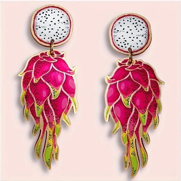 DRAGON FRUIT food summer whimsical novelty fun cute earrings - Picture 1 of 6